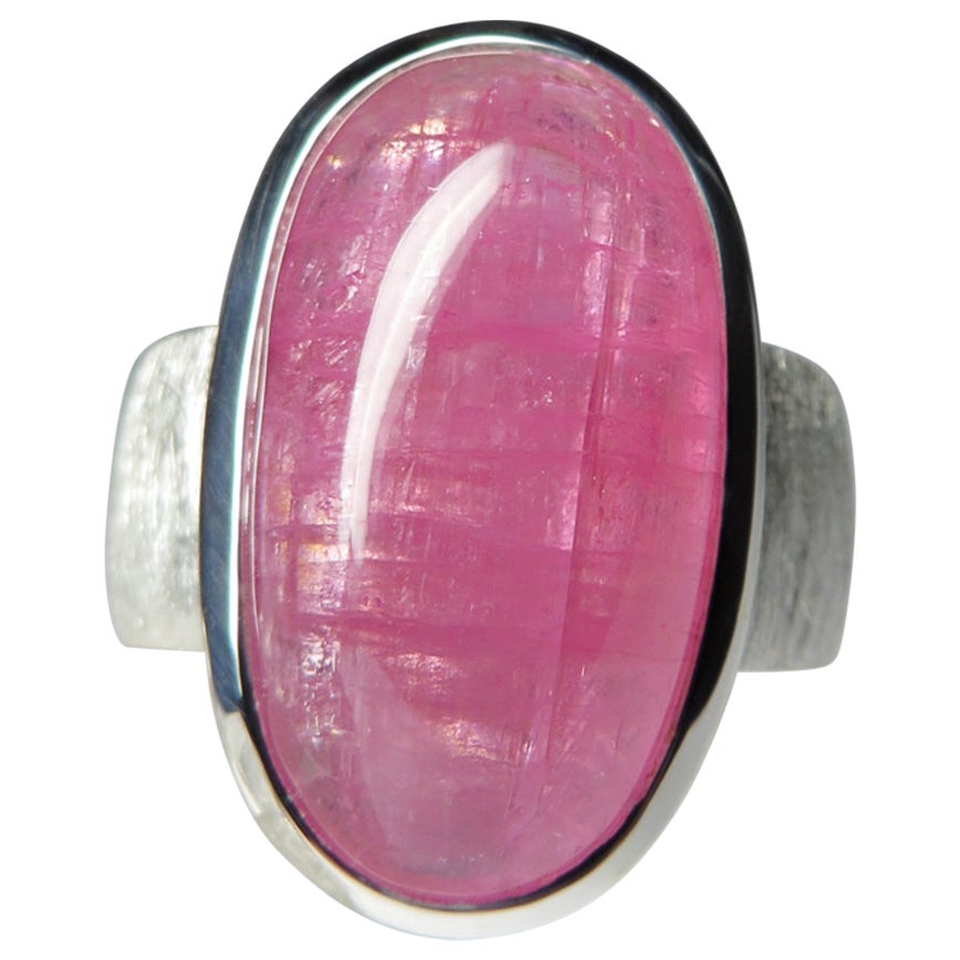 Rubellite Ring Cat's Eye Effect Silver Ring Pink Tourmaline Cabochon Gem For Sale