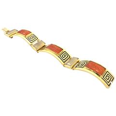 Antique French Art Deco Carnelian Agate Black Enamel Gold Bracelet 