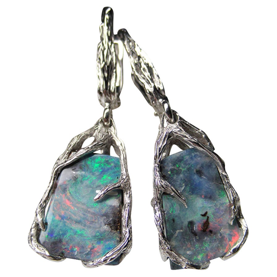 Boulder Opal Silver Earrings Multicolor Rainbow Australian opal For Sale