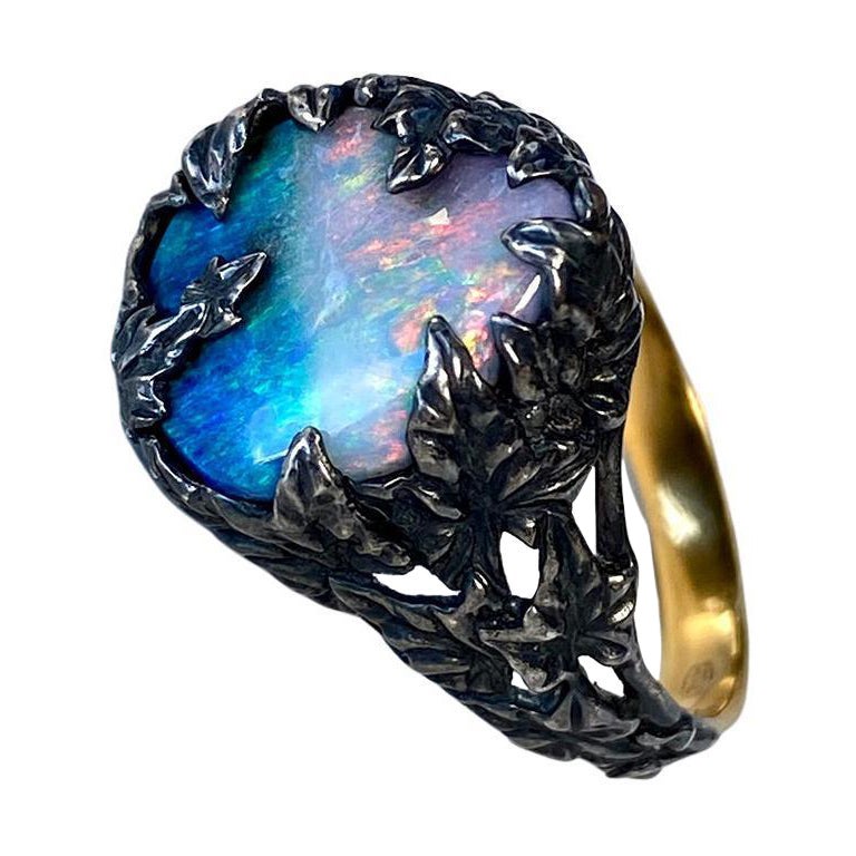 Opal Silver Ivy Ring Natural Australian Gem Boulder Gem Bicolor Blue Pink Unisex For Sale