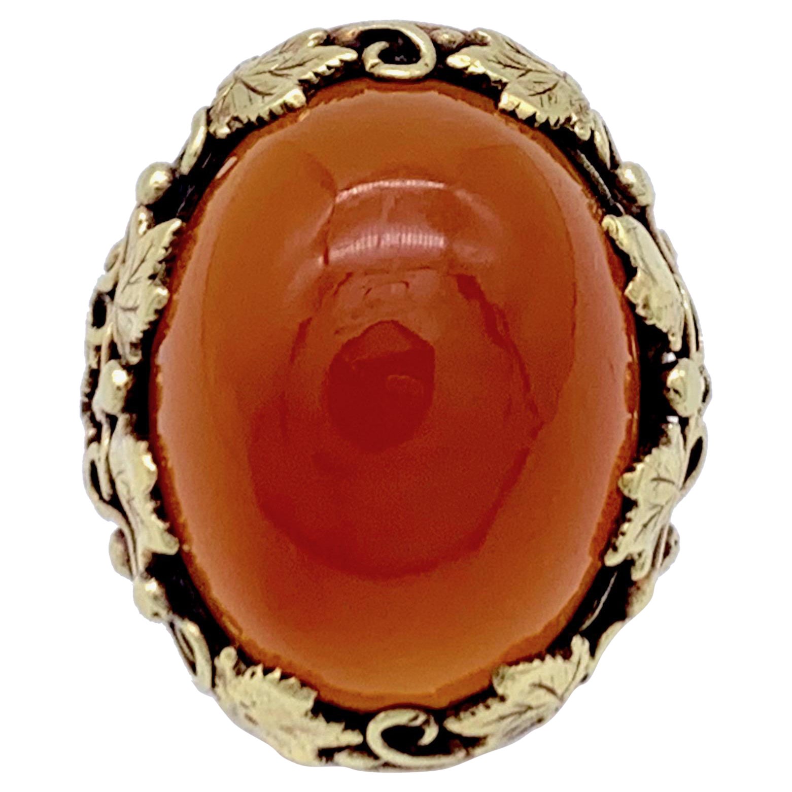 Antique Art Nouveau 14 Karat Gold Cocktail Ring Carnelian Cabochon Vine Leaf 