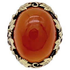 Antique Art Nouveau 14 Karat Gold Cocktail Ring Carnelian Cabochon Vine Leaf 