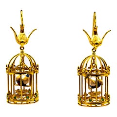 Art Nouveau Style White Diamond Pearl Tsavorite Yellow Gold "Birdcage" Earrings