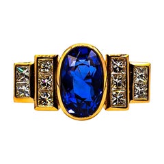 Art Deco Style White Diamond Oval Cut Blue Sapphire Yellow Gold Cocktail Ring