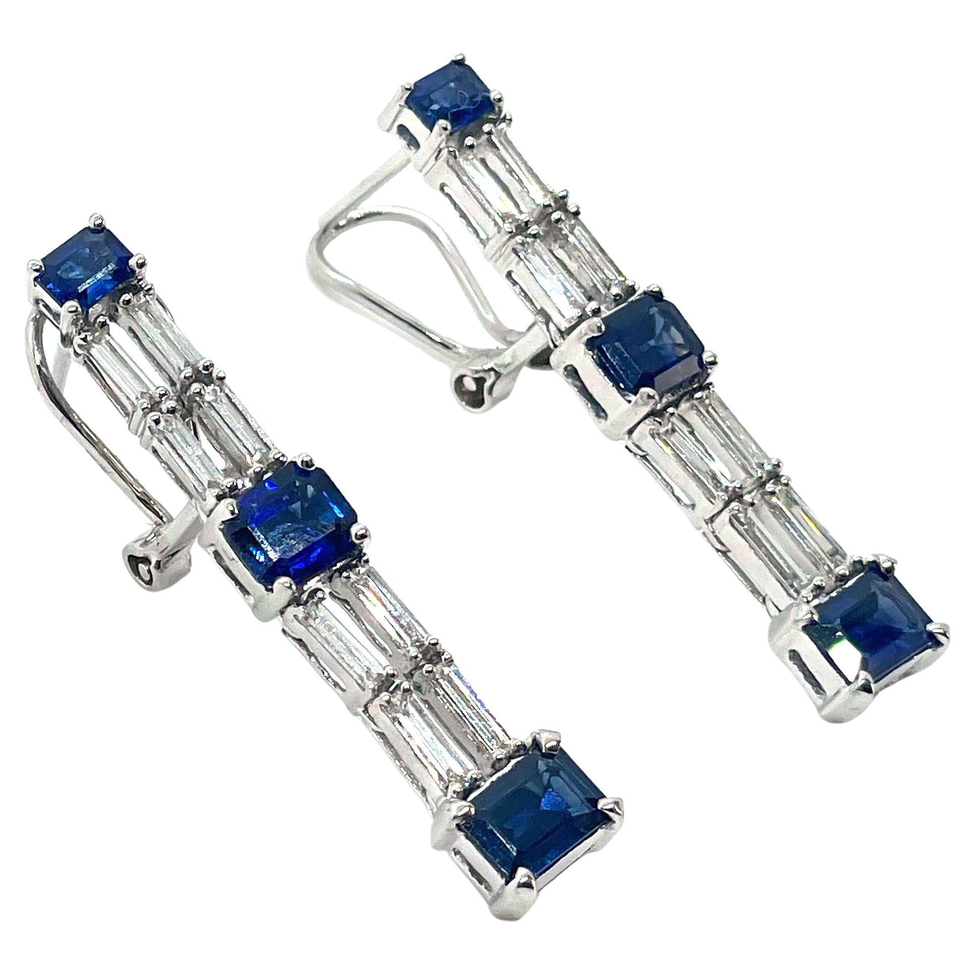 18K White Gold Baguette Diamond and Blue Sapphire Earrings