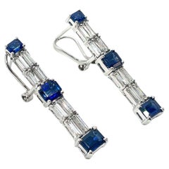 18K White Gold Baguette Diamond and Blue Sapphire Earrings