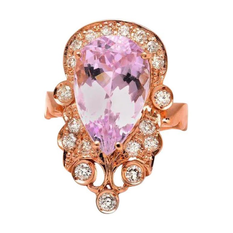 9.00 Carats Natural Pink Kunzite and Diamond 14K Solid Rose Gold Ring For Sale