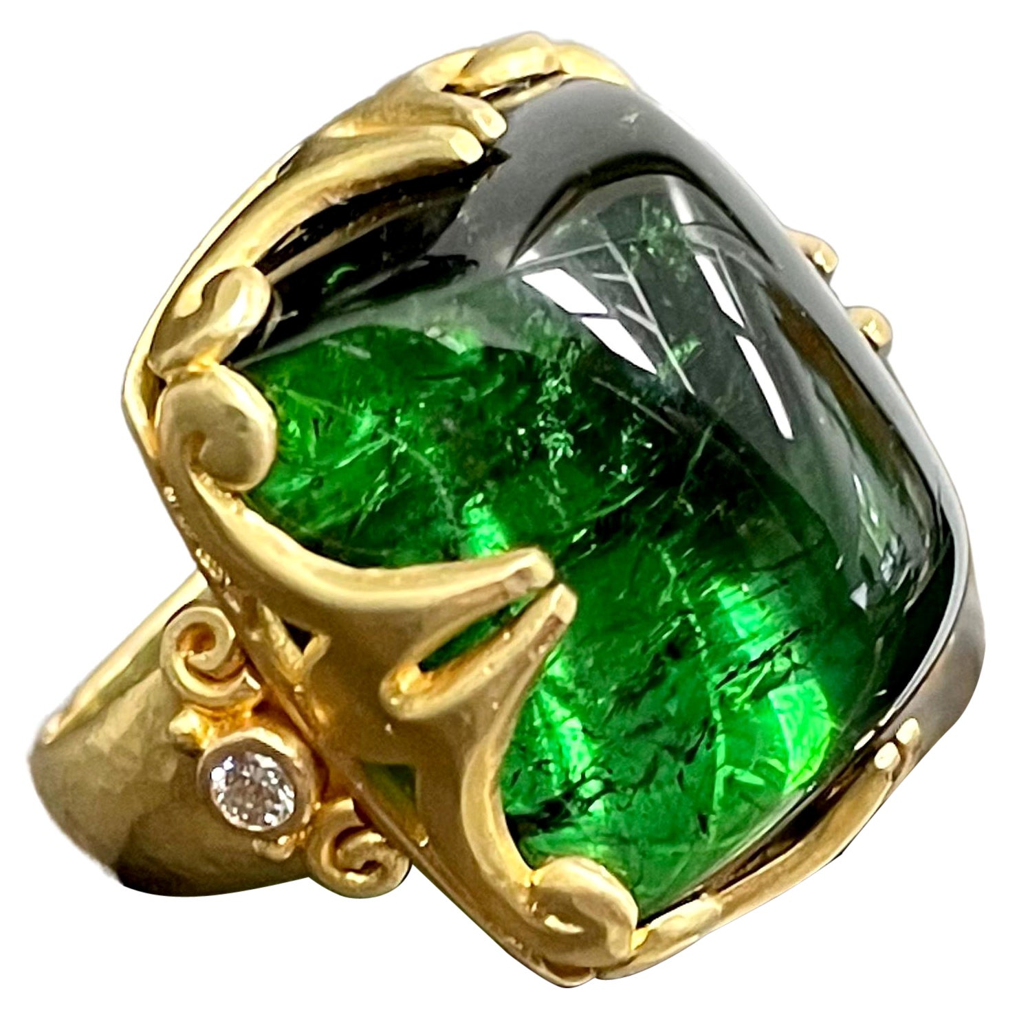 Steven Battelle 34.2 Carats Green Tourmaline Diamonds 18K Gold Ring