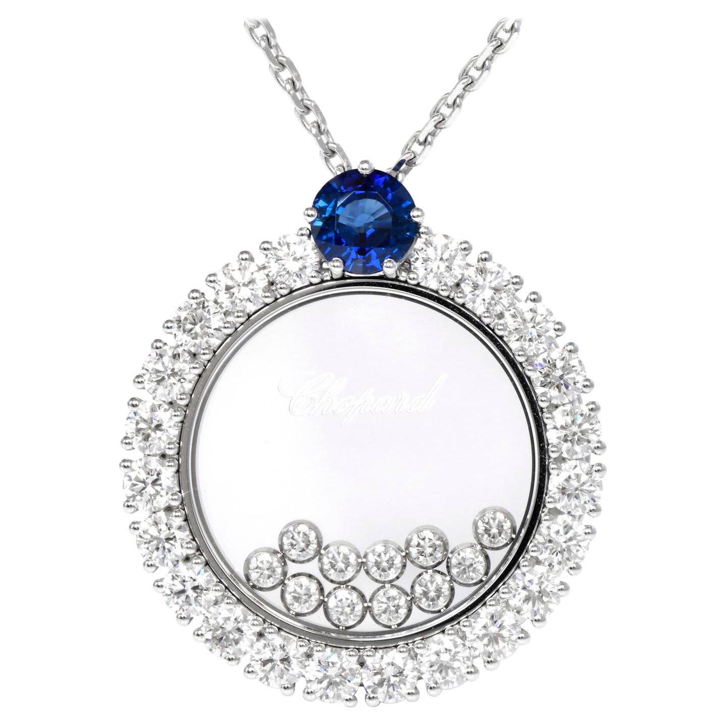 Chopard Happy Diamonds Blue Sapphire 18K Gold Circle Pendant Necklace