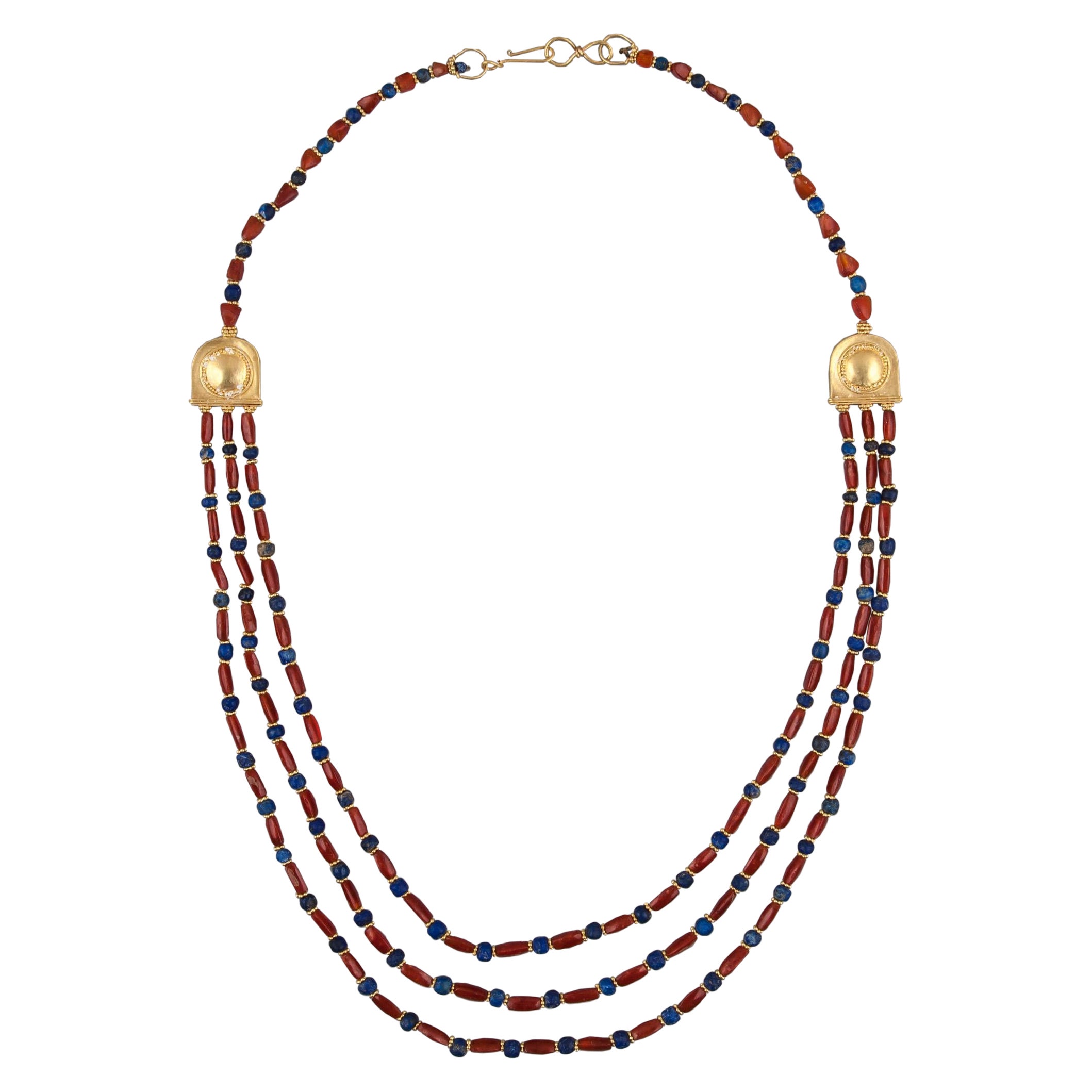 Multi Strand Necklace with 20k Gold Beads, Ancient Lapis Lazuli and Carnelian For Sale