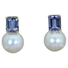 5.01 Carat Iolite and Pearl 14 Karat Gold Drop Stud Earrings