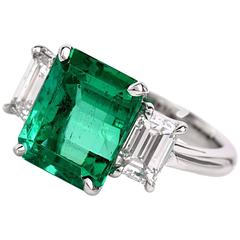 4.43 Carat GIA Cert Emerald Diamond Platinum Three Stone Ring