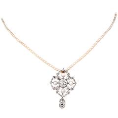 Antique Edwardian Pearl Diamond Gold Platinum Pendant Necklace