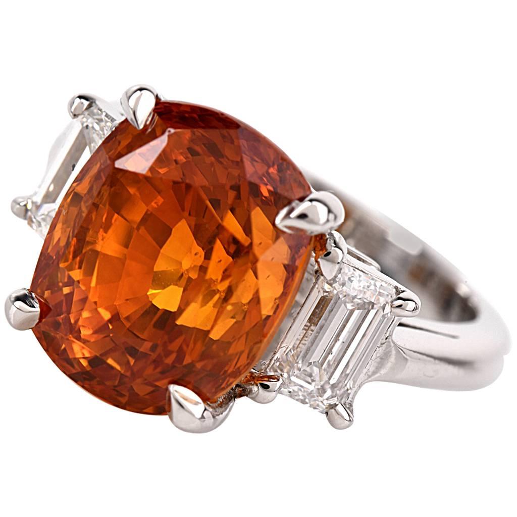 Orange Sapphire Diamond Platinum Ring 