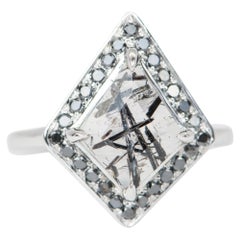 Kite Shape Tourmalated Quartz Black Diamond Halo 14K White Gold Engagement Ring