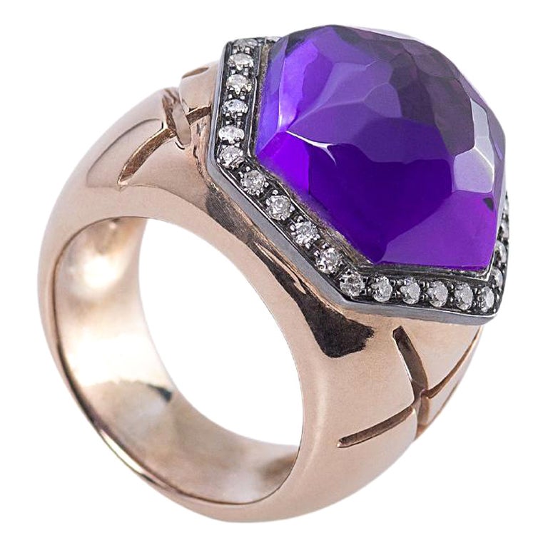 18 Karat Amethyst 0.40 Karat White Diamonds Rose Gold Exagonal Design Ring For Sale