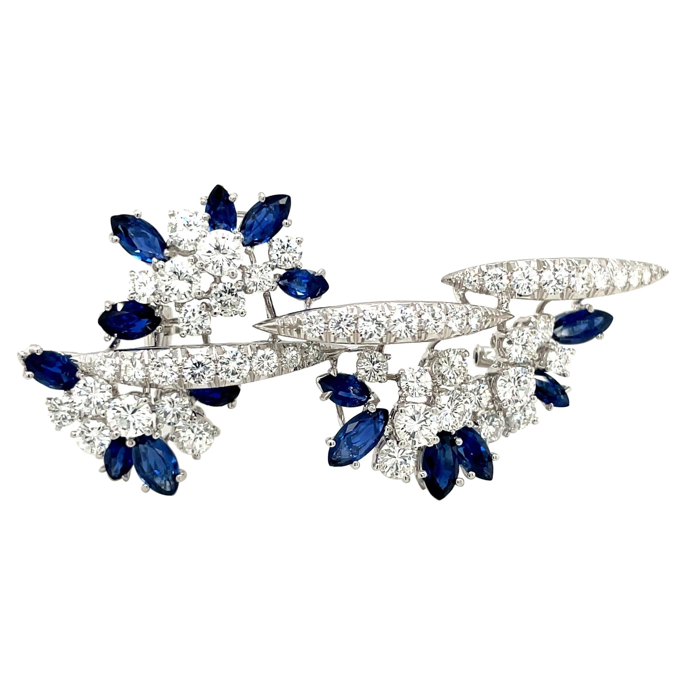 18KT White Gold 4.95CT Blue Sapphire 4.76CT Diamond Cascading Brooch For Sale