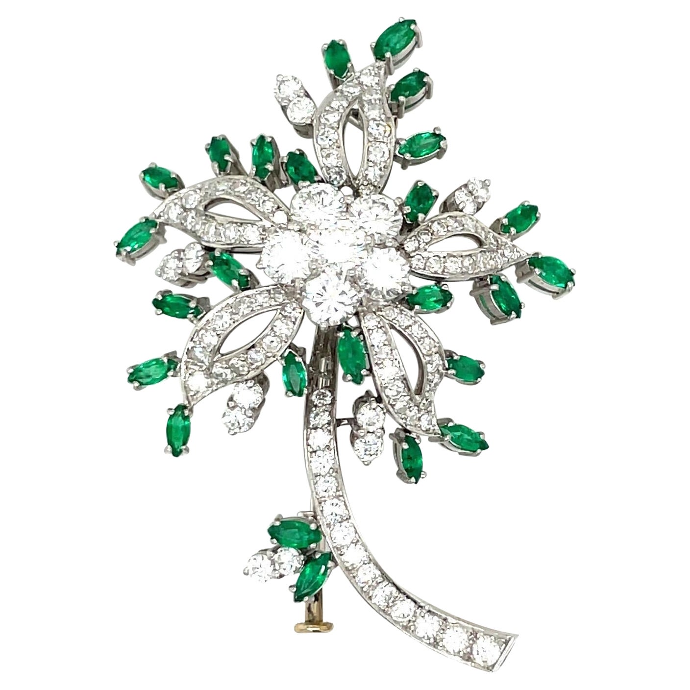 18Kt White Gold Flower Brooch with 2.94 Ct Diamonds and 1.60 Ct Emeralds For Sale