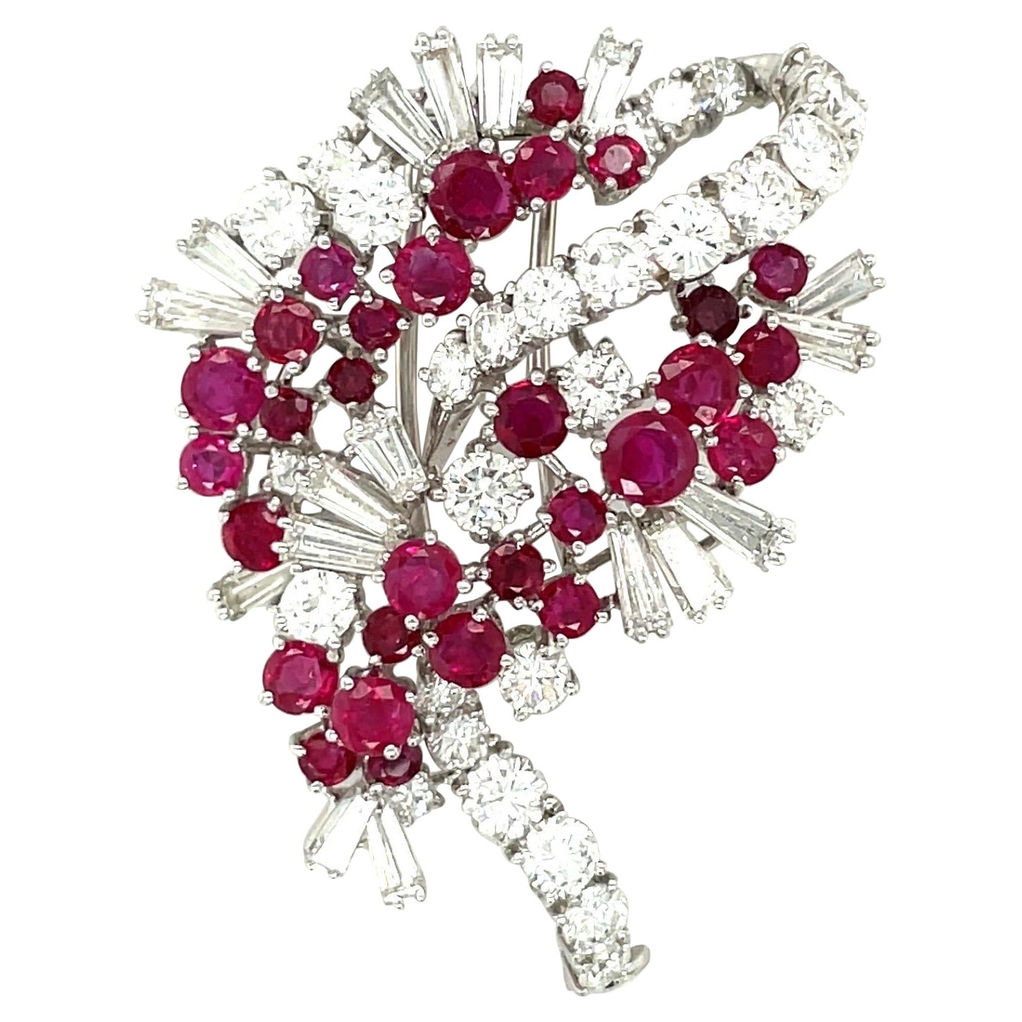 18KT White Gold 4.88Ct Ruby 6.18 Ct Round & Baguette Diamond Ribbon Brooch For Sale