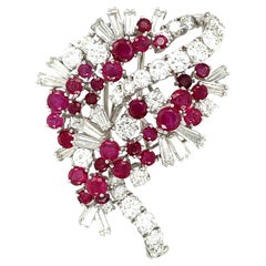 18KT White Gold 4.88Ct Ruby 6.18 Ct Round & Baguette Diamond Ribbon Brooch