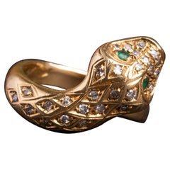 Vintage Emerald and Diamond 18K Gold Snake Ring