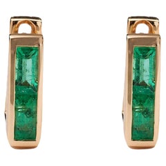Chubby Square Huggie Earrings with Two Emerald Baguettes