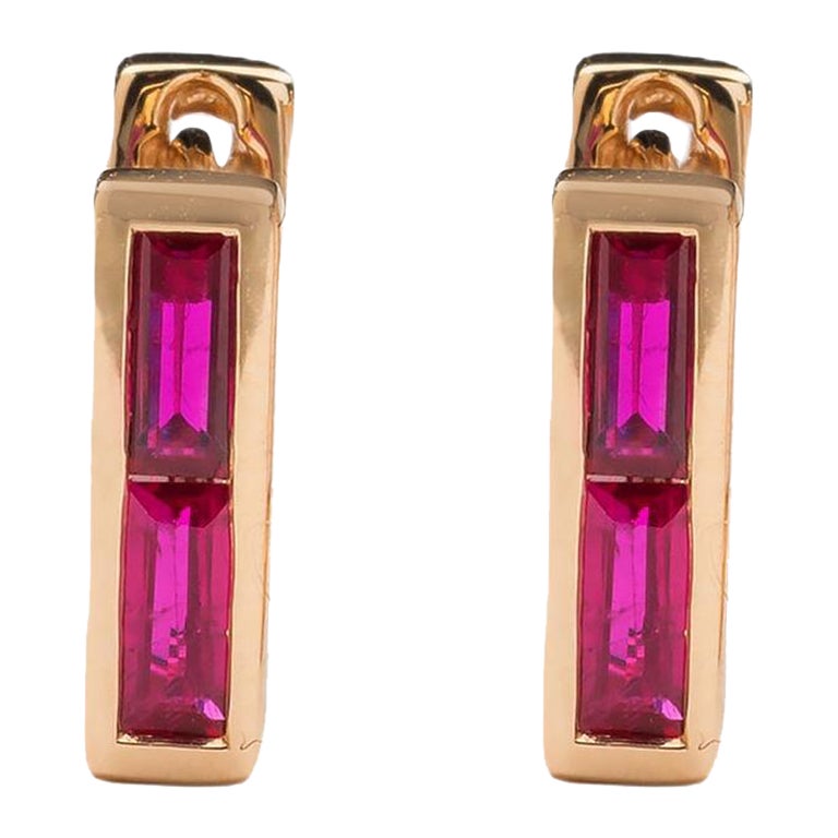 Chubby Square Huggie Earrings with Two Ruby Baguettes For Sale