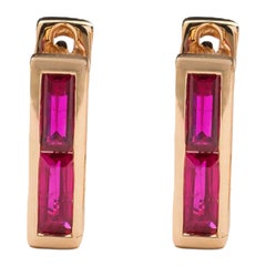 Chubby Square Huggie Earrings with Two Ruby Baguettes