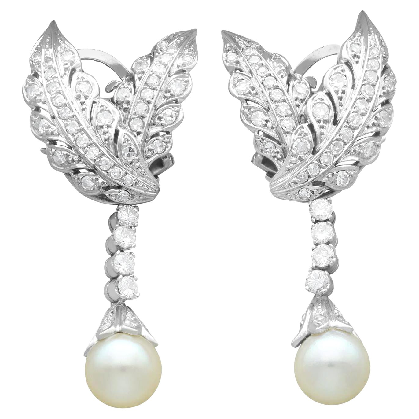 Vintage 2.60 Carat Diamond and Pearl Platinum Drop Earrings Circa 1950