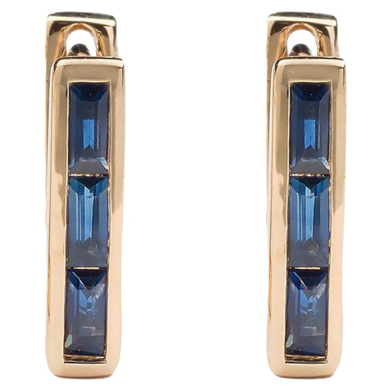 Skinny Square Huggie Earrings with Three Sapphire Baguettes For Sale