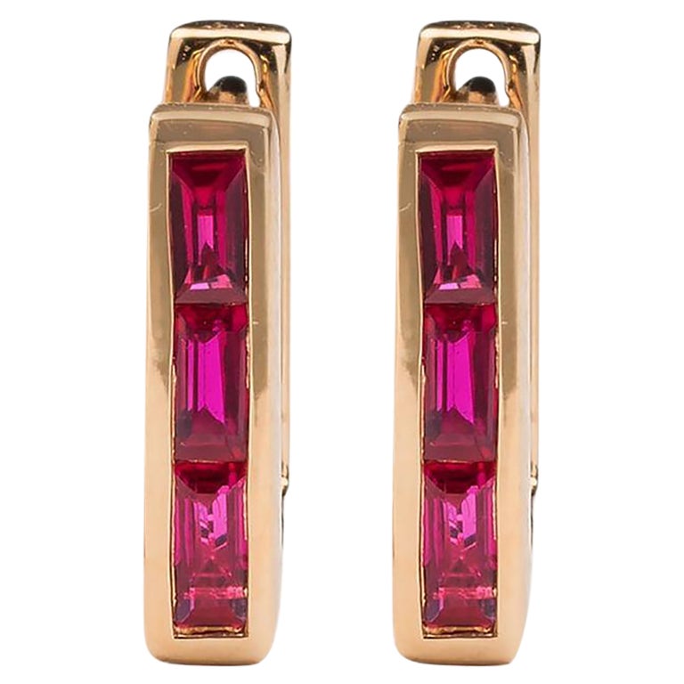 Skinny Square Huggie Earrings with Three Ruby Baguettes For Sale