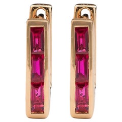 Skinny Square Huggie Earrings with Three Ruby Baguettes