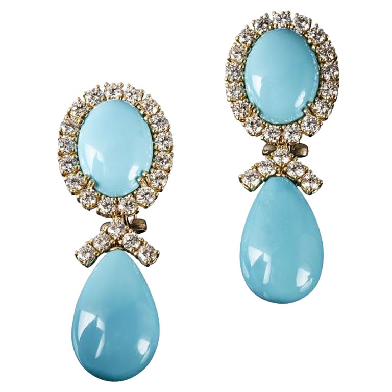 Veschetti 18 Kt Yellow Gold, Turquoise and Diamond Earrings