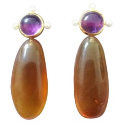 Natural Burmese Honey Color Amber Amethyst Pearls 14K Yellow Gold Drop Earrings