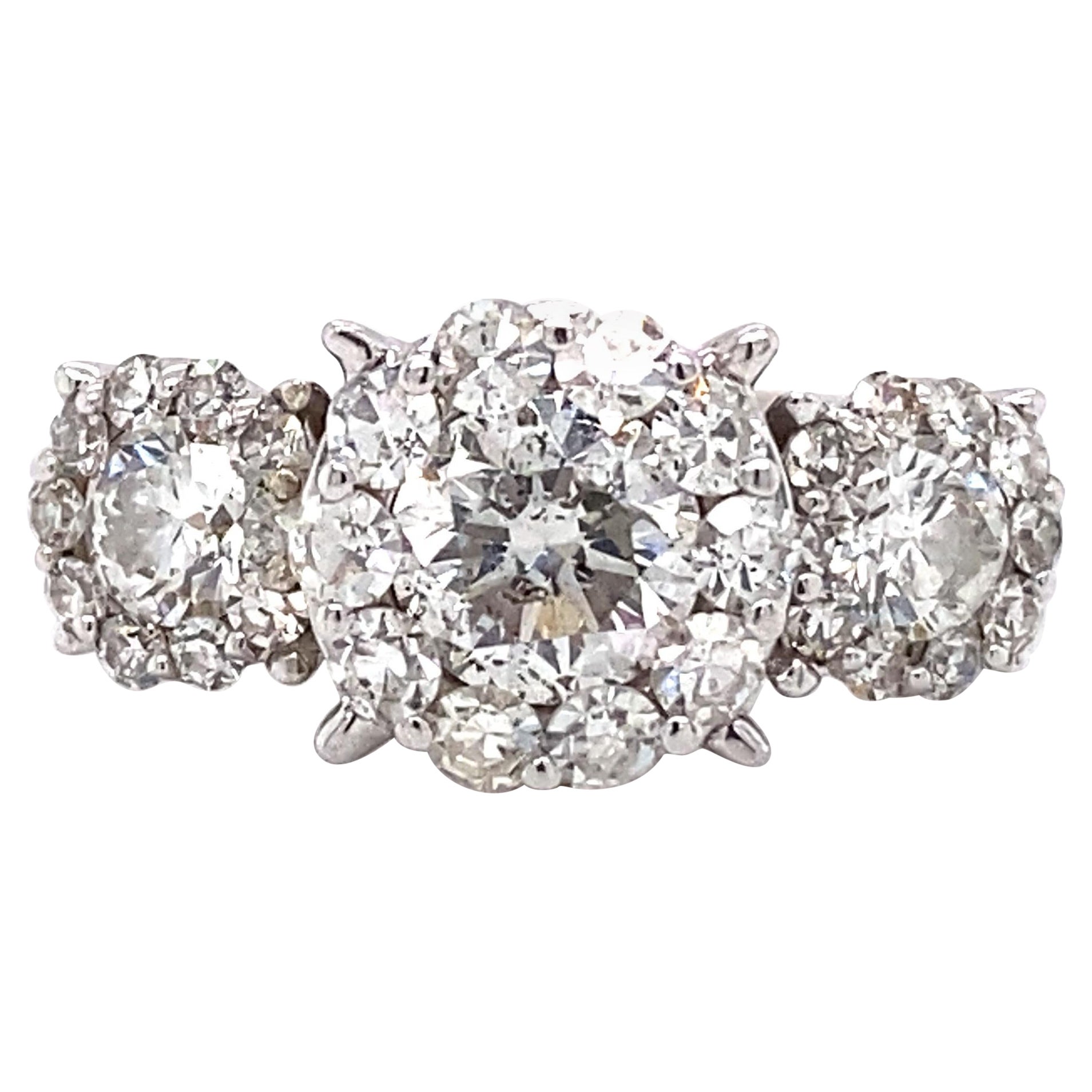 Circa 1990s Three Stone Diamond Cluster Ring in 14K White Gold For Sale
