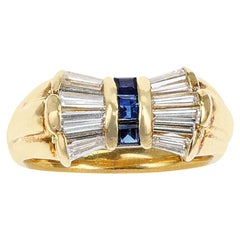 Vintage 0.81 Ct. Diamond Baguettes and 0.28 Cts. Square Cut Blue Sapphire Bow Ring, 18K