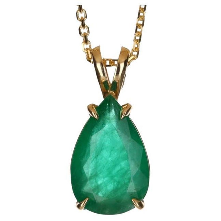 2.20-Carat 14K Emerald Solitaire Pear Cut Gold Pendant For Sale
