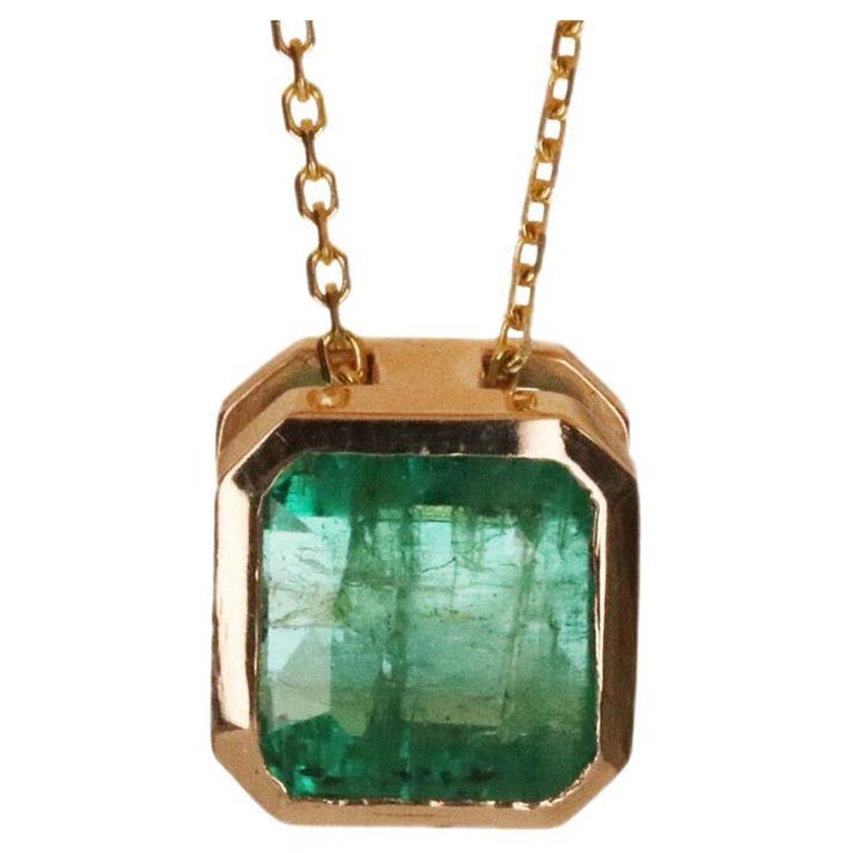 3ct 14K Bezel Set Emerald-Emerald Cut Solitaire Pendant For Sale