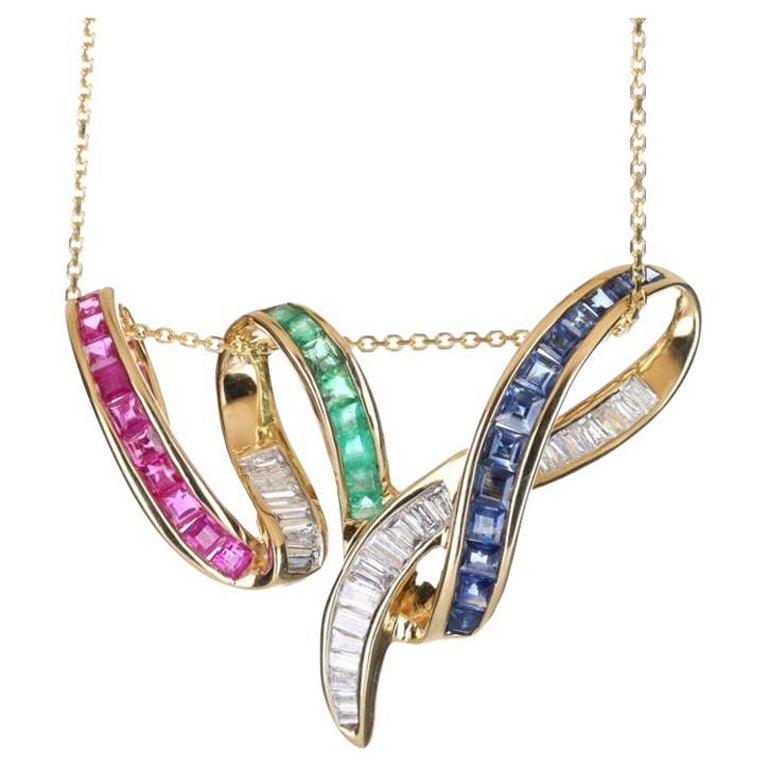 3.15tcw 14K Multi Gemstone Pendant, Emerald, Sapphire, Ruby, Diamond Pendant
