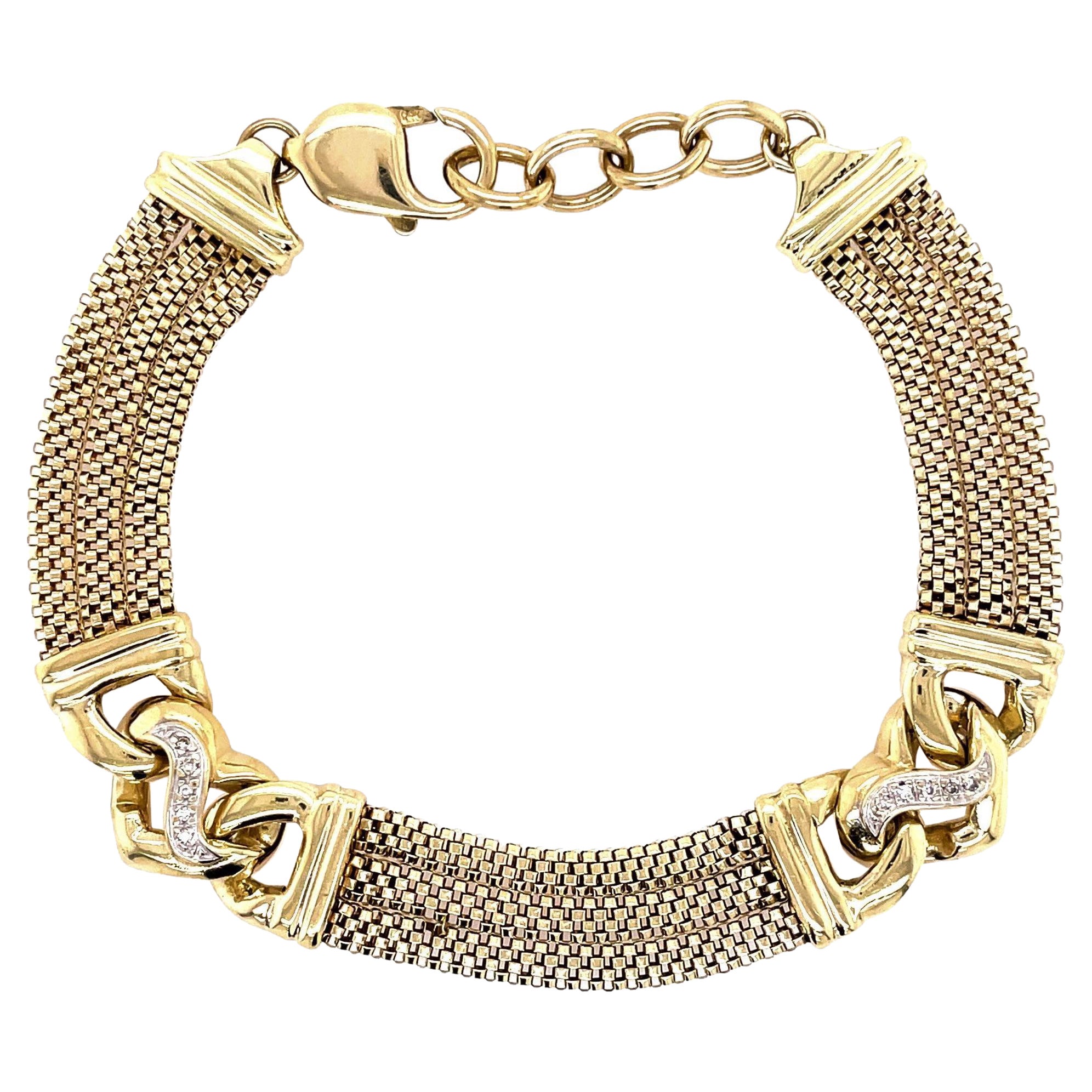 14 Karat Yellow Gold Mesh Chain Bracelet with Heart Station Diamond Accents For Sale
