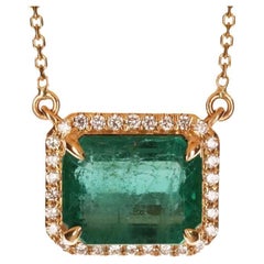 4tcw East to West Bluish Green Natural Emerald & Diamond Halo Necklace 14K Gold