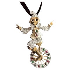 Vintage Clown and Unicycle Pendant, 9k Yellow Gold, Diamond, Emerald, Ruby