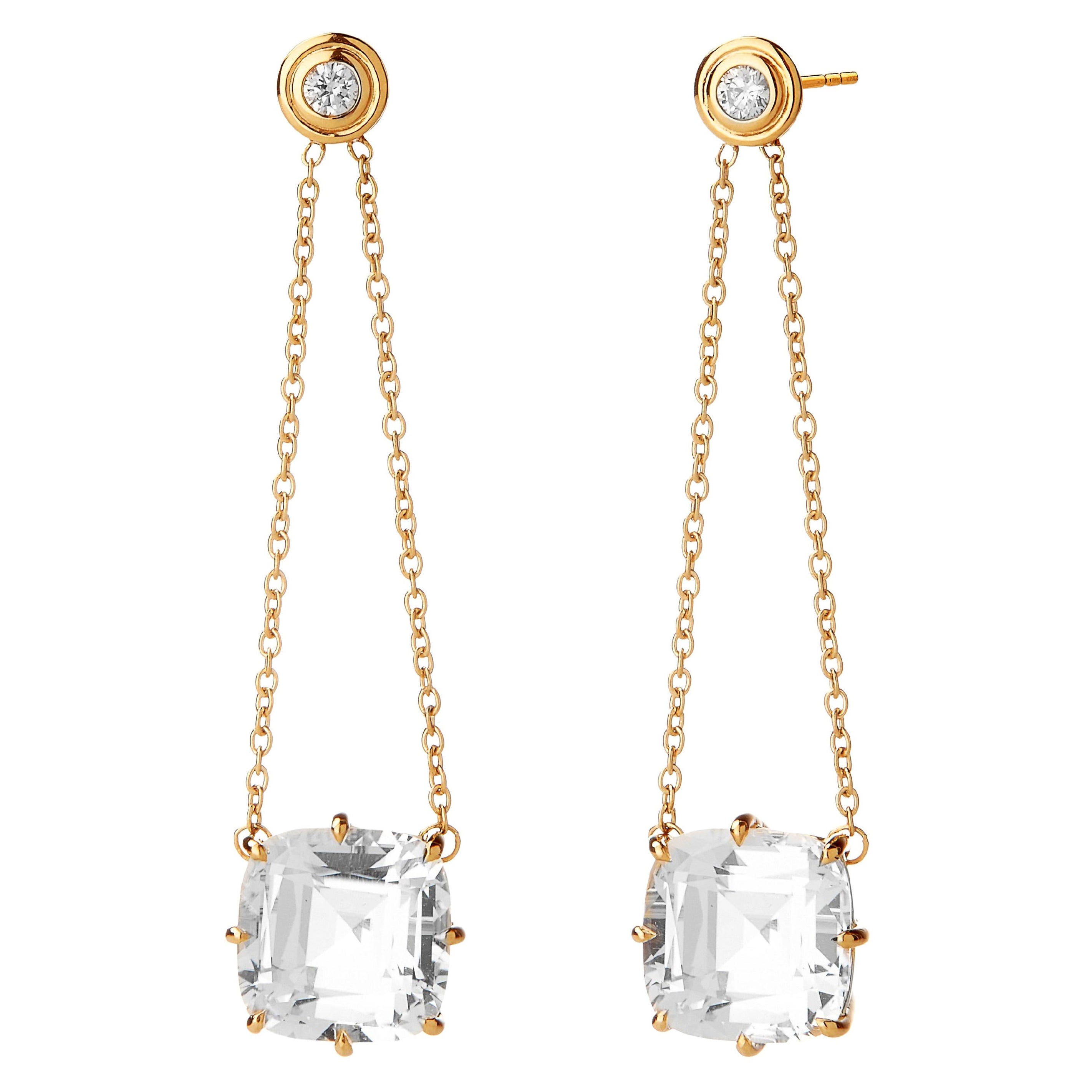 Syna Yellow Gold Mogul Chain Earrings with Rock Crystal and Diamonds For Sale