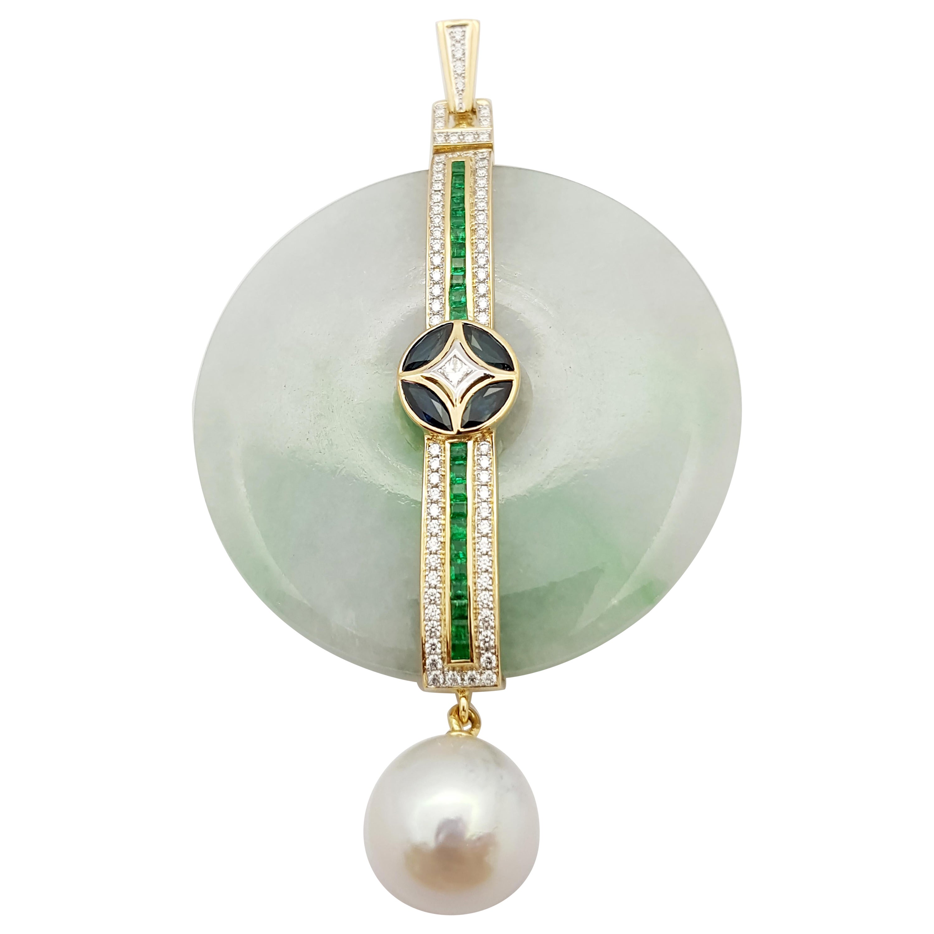 South Sea Pearl, Jade, Emerald, Diamond 0.84 Carat Pendant Set in 18 Karat Gold For Sale