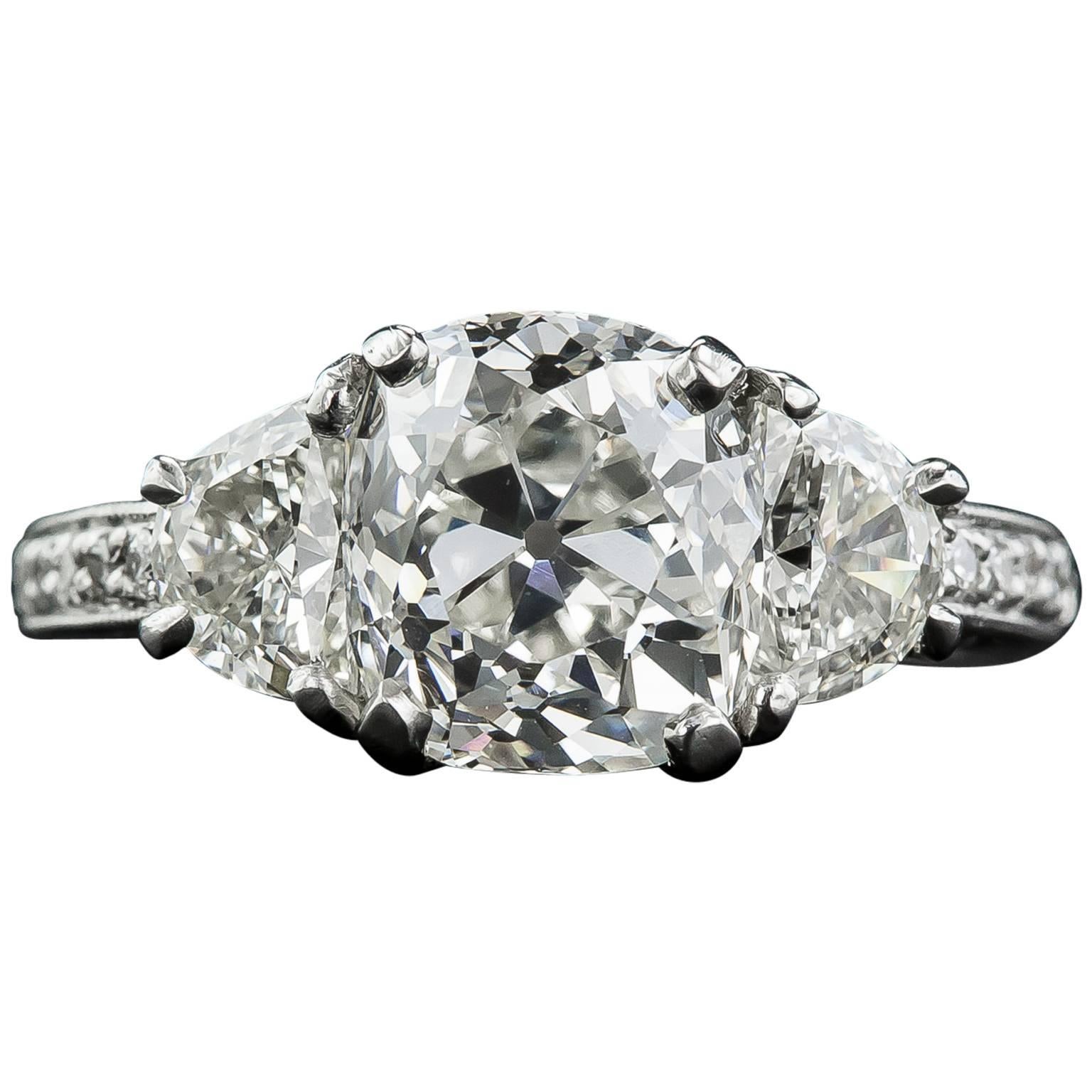 3.03 Carat GIA Cert Antique Cushion Diamond Platinum Engagement Ring  For Sale
