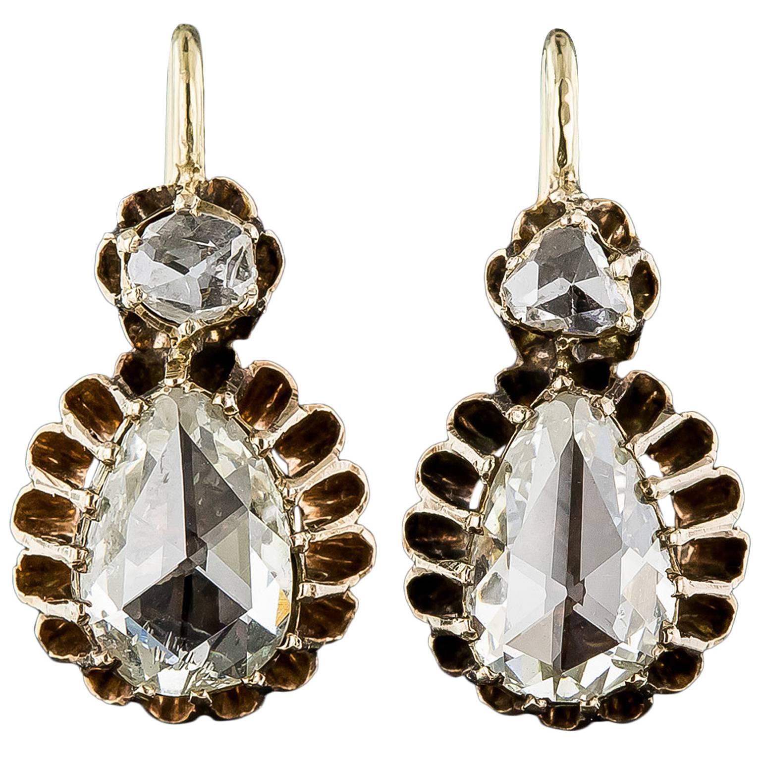 Victorian Pear Shape Rose Cut Diamond Gold Drop Earrings For Sale