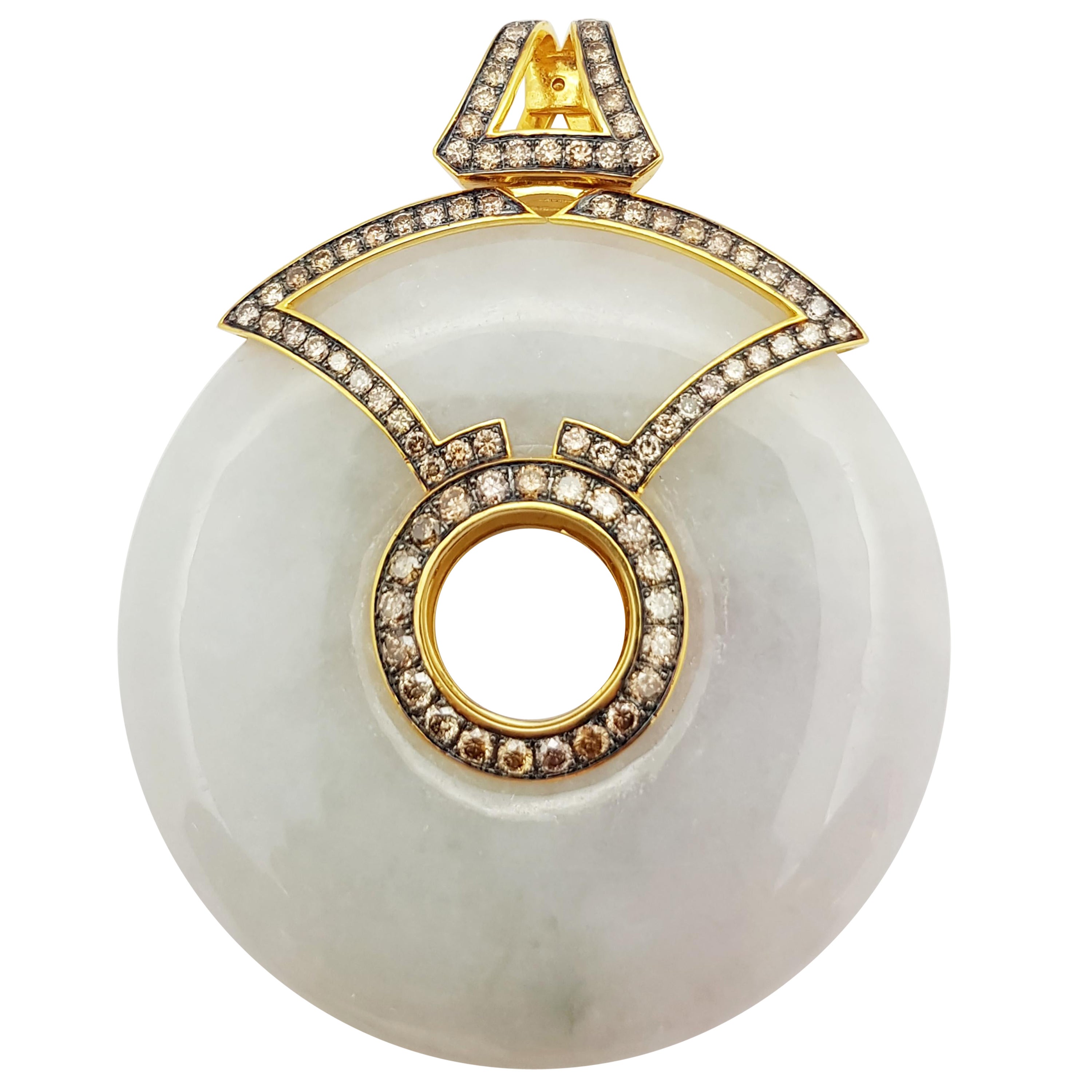 Jade with Brown Diamond Pendant Set in 18 Karat Gold Settings For Sale