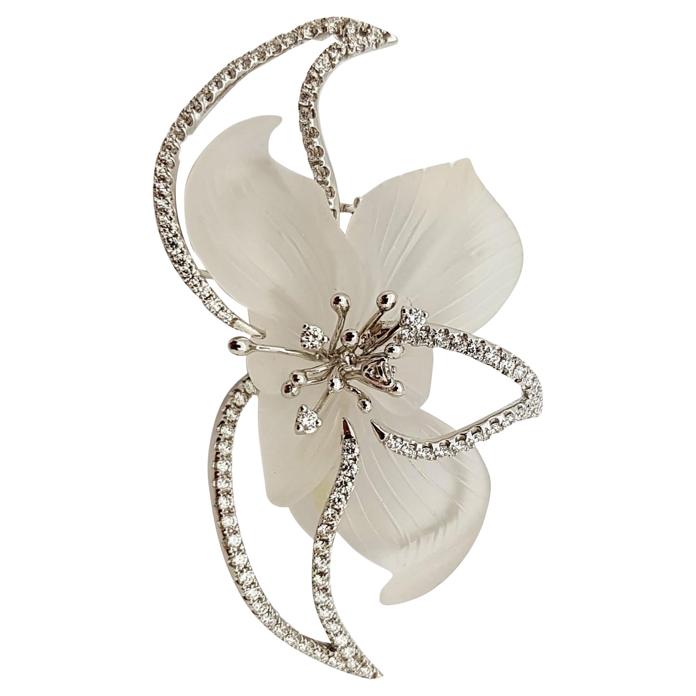 Carved Quartz with Diamond Flower Pendant/ Brooch Set in 18 Karat White Gold For Sale