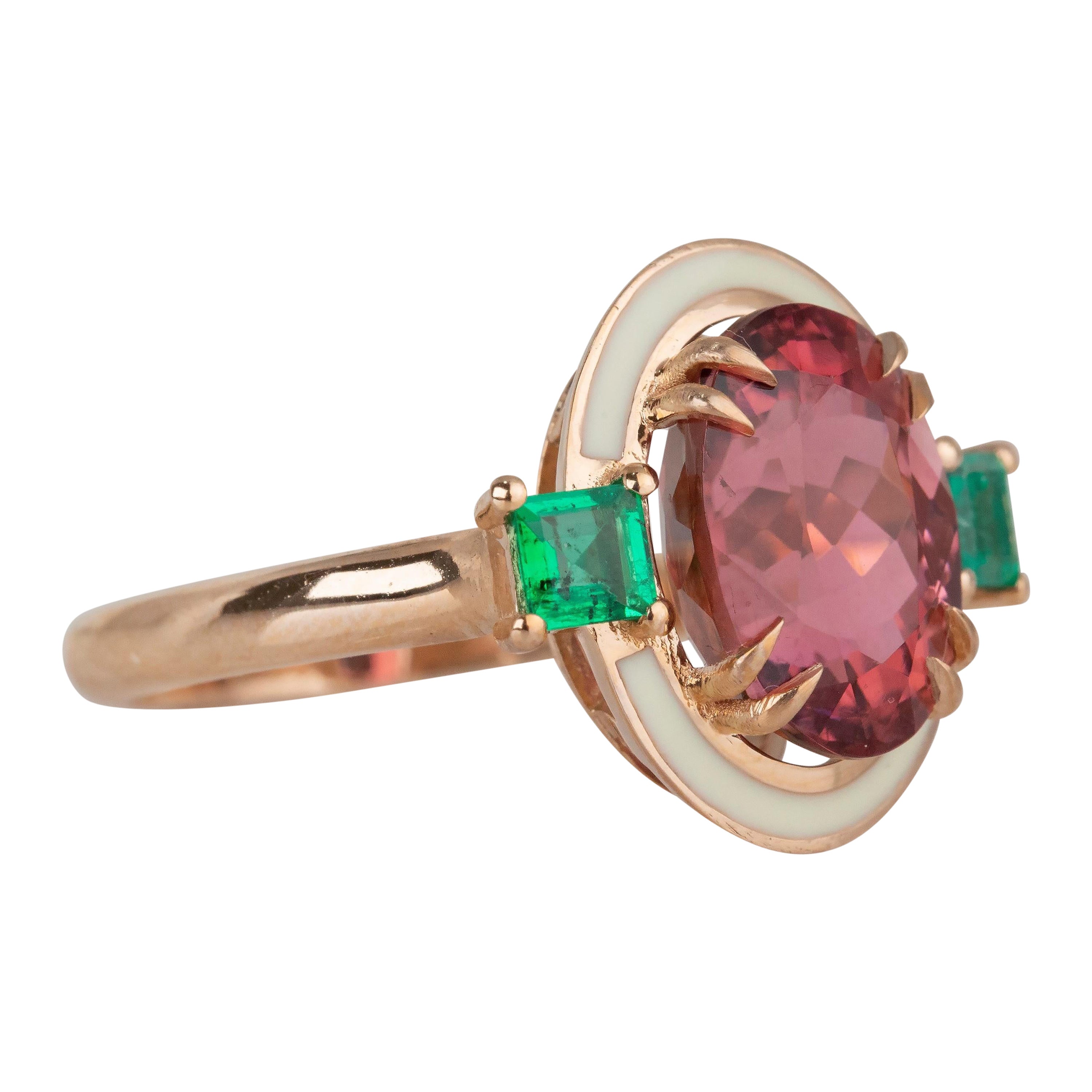 For Sale:  Art Deco Style 3.30 Ct Tourmaline and Emerald 14K Gold Cocktail Ring 2
