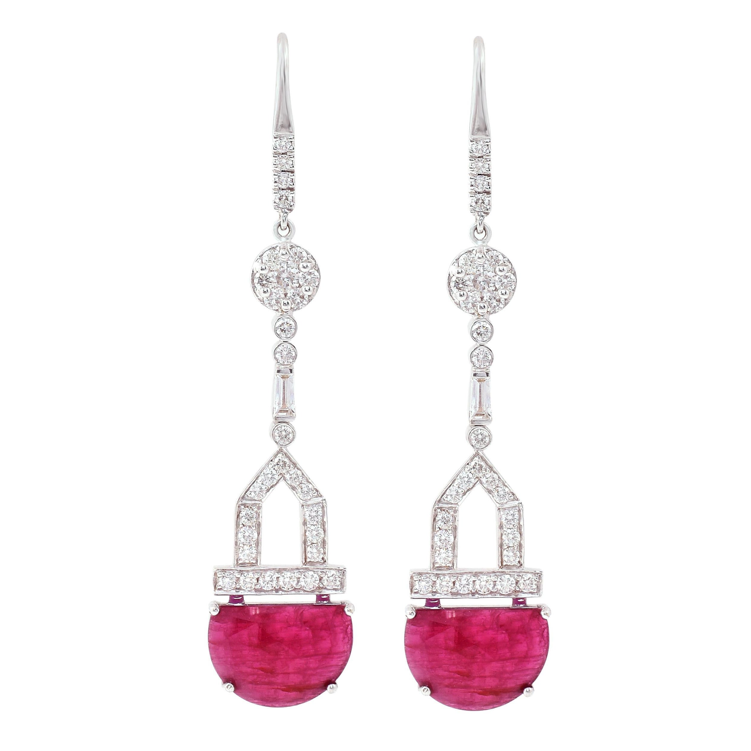 18 Karat White Gold 8.72 Carat Ruby and Diamond Unique-Cut Drop Earrings For Sale